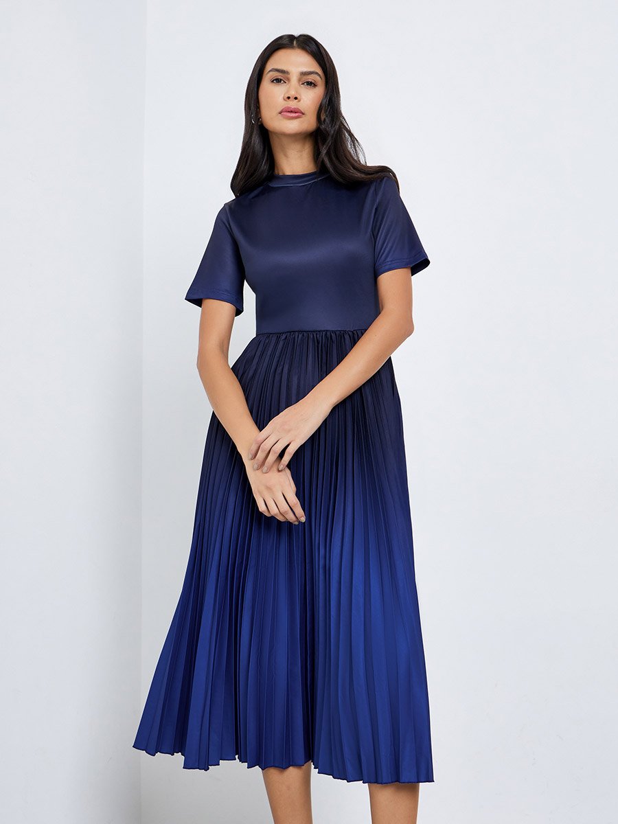 Blue Pleated Short Sleeves A-Line Midi Dress