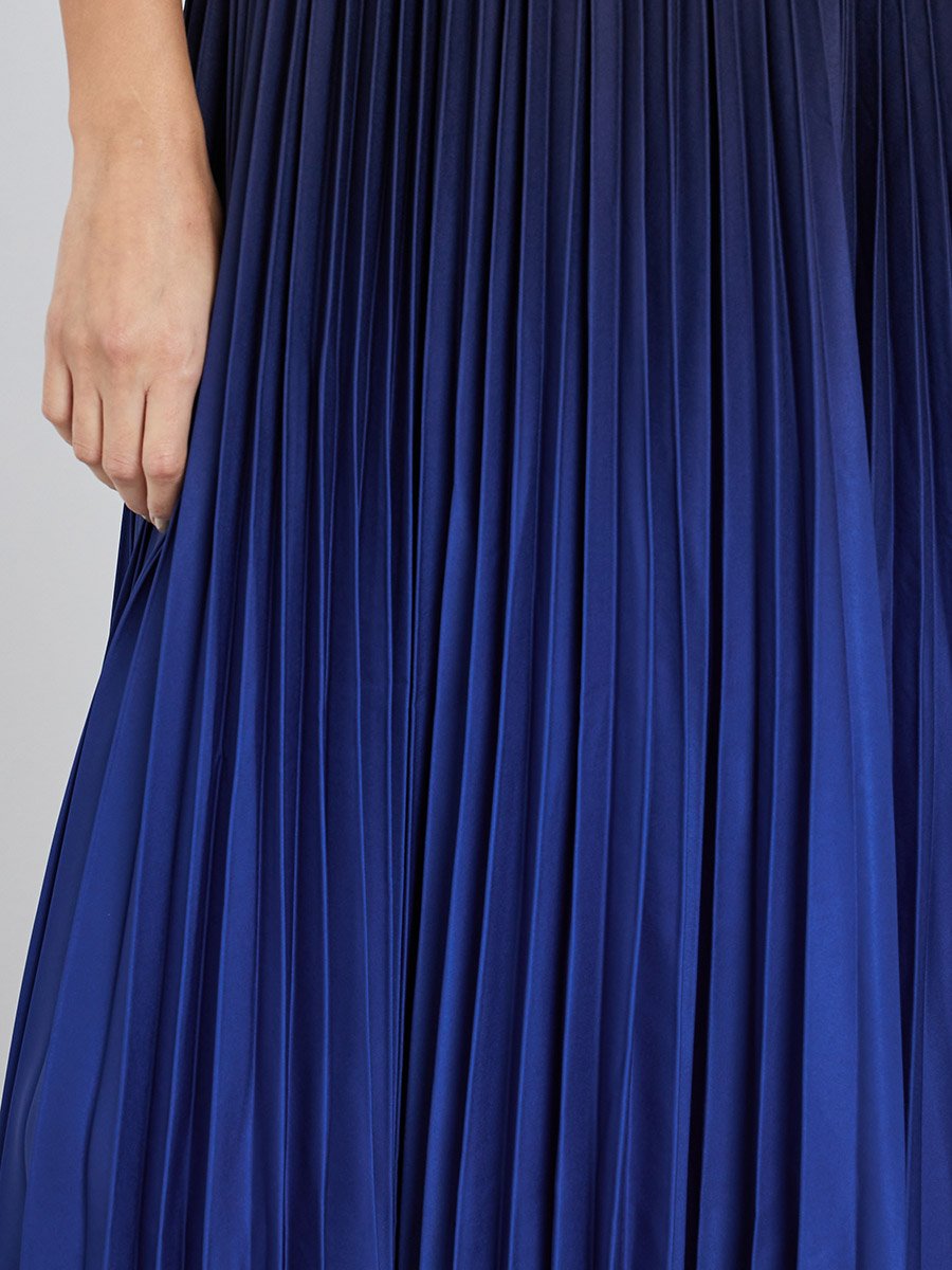 Blue Pleated Short Sleeves A-Line Midi Dress