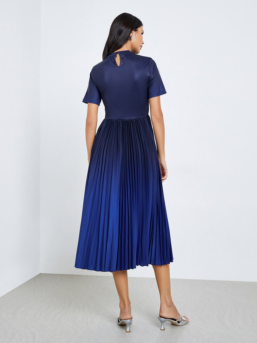 Blue Pleated Short Sleeves A-Line Midi Dress