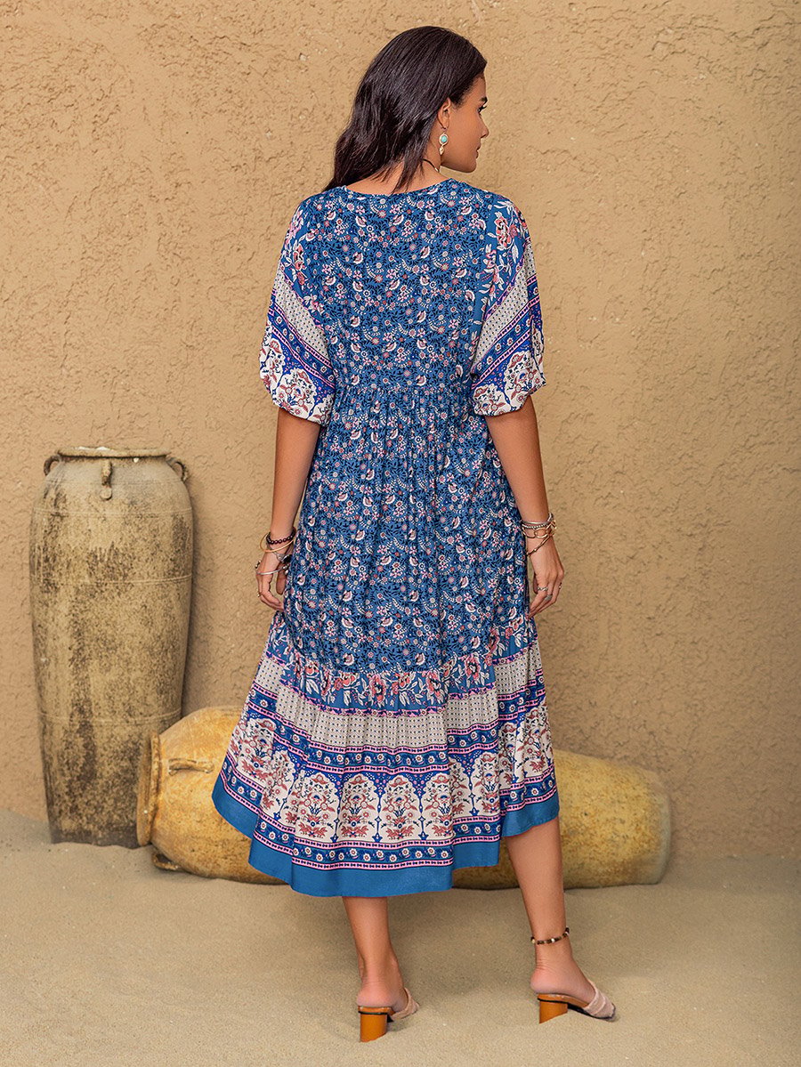Women Blue All Over Print Midi Dress