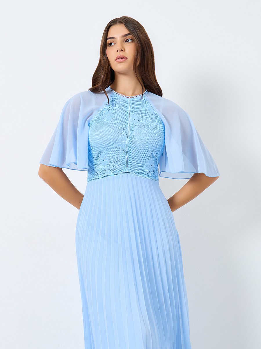 Cape Short Sleeve Pleated A-Line Maxi Dress