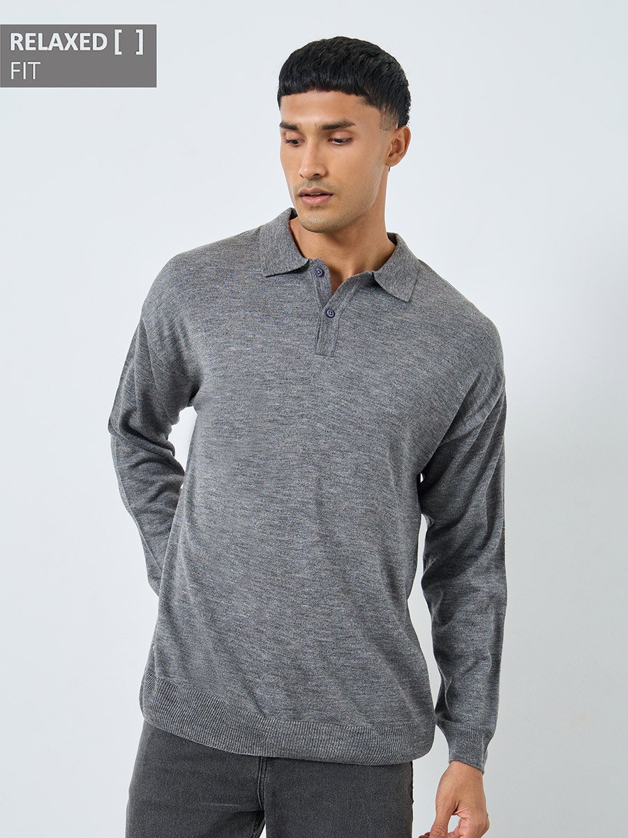 Men Grey Knitted Relaxed Fit Polo Sweater