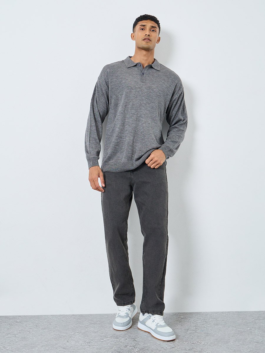 Men Grey Knitted Relaxed Fit Polo Sweater
