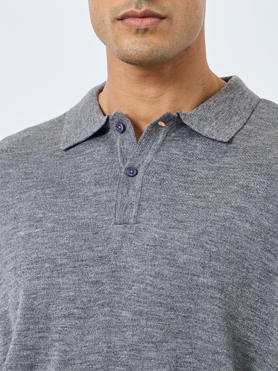 Men Grey Knitted Relaxed Fit Polo Sweater
