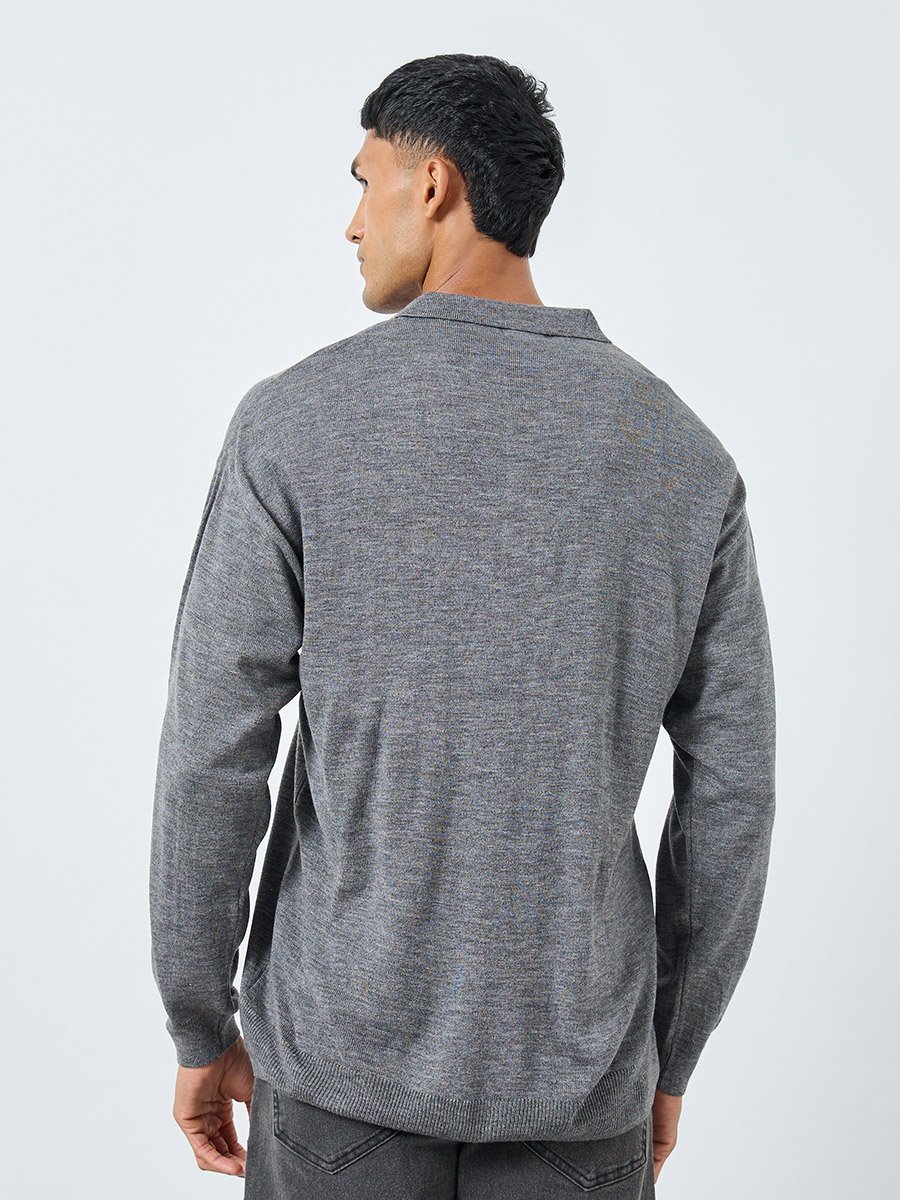 Men Grey Knitted Relaxed Fit Polo Sweater