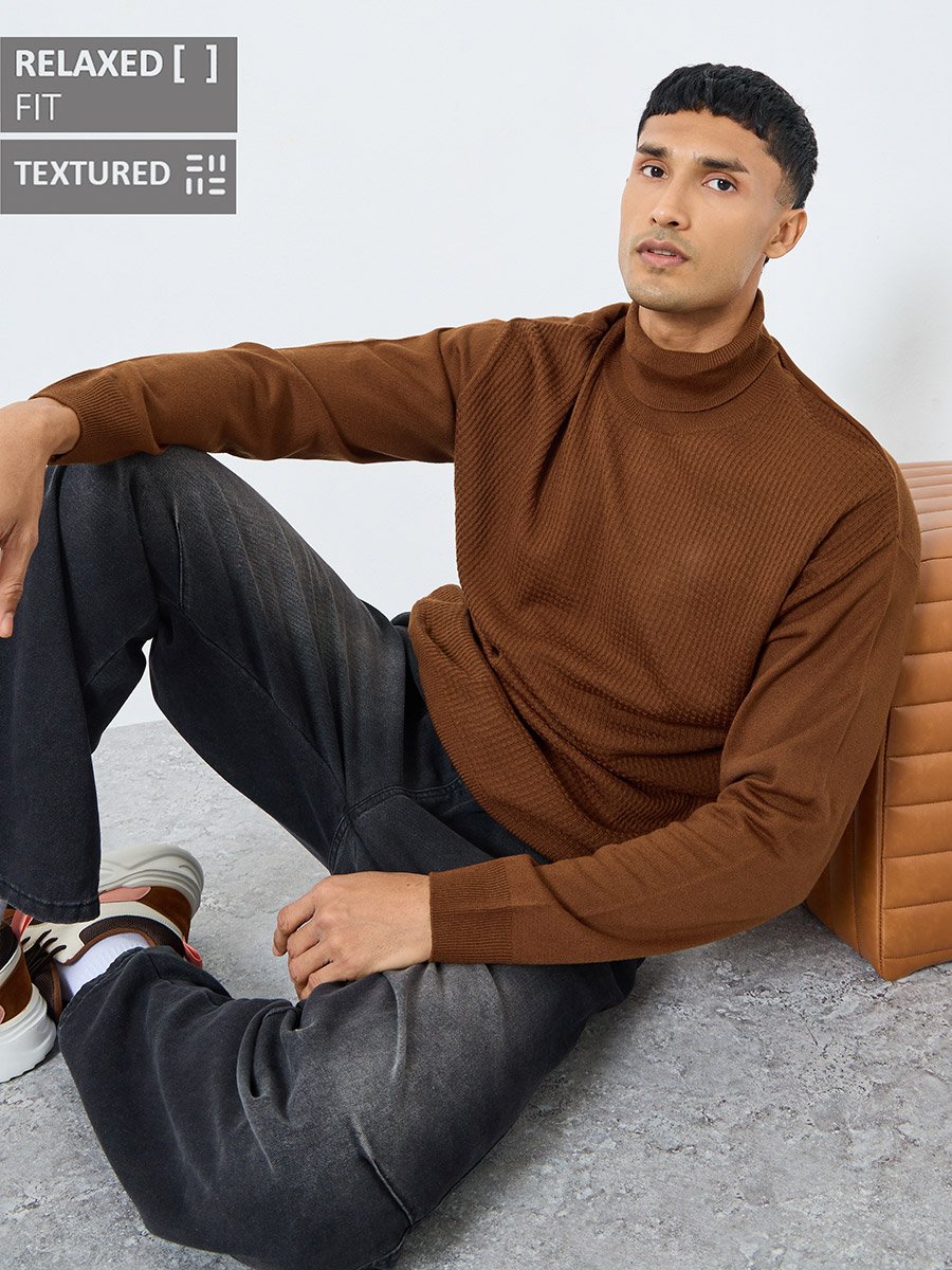 Men Brown Textured Turtleneck Sweater