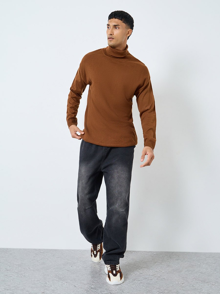 Men Brown Textured Turtleneck Sweater