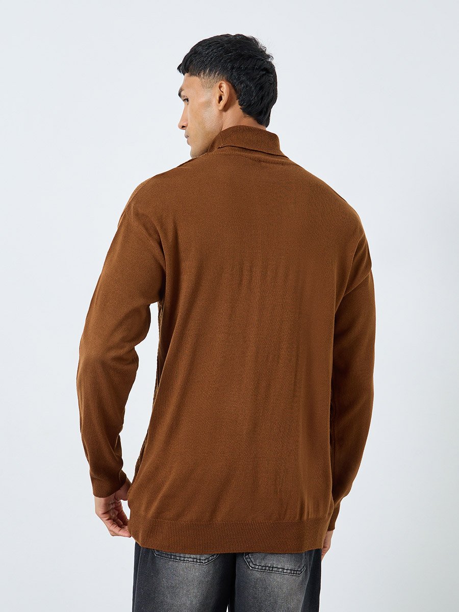 Men Brown Textured Turtleneck Sweater
