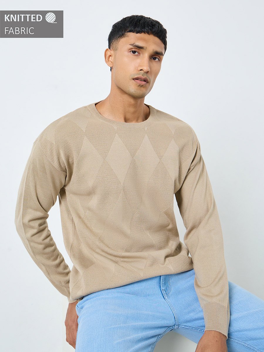 Men Beige Diamond Pattern Sweater