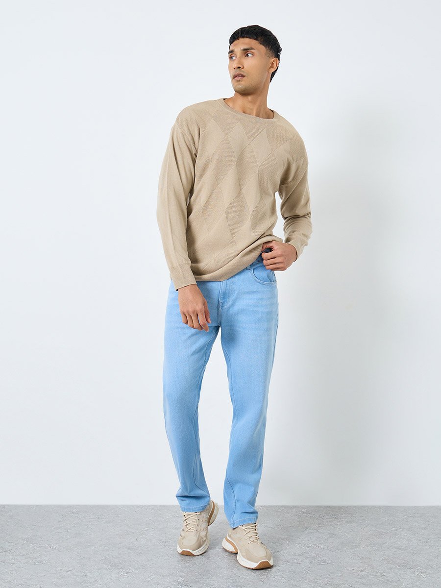 Men Beige Diamond Pattern Sweater