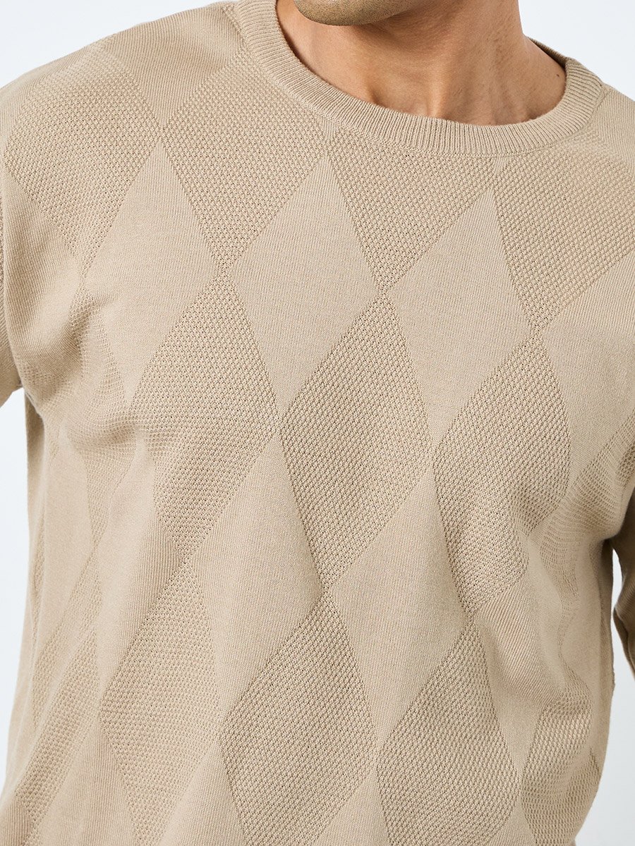 Men Beige Diamond Pattern Sweater