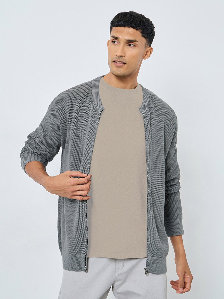 Men Grey Knitted Cardigan