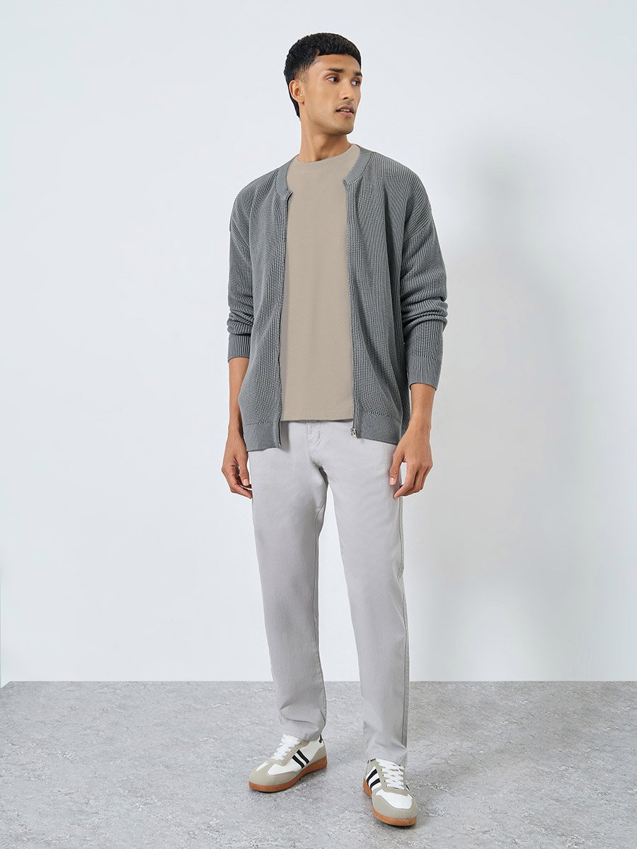Men Grey Knitted Cardigan