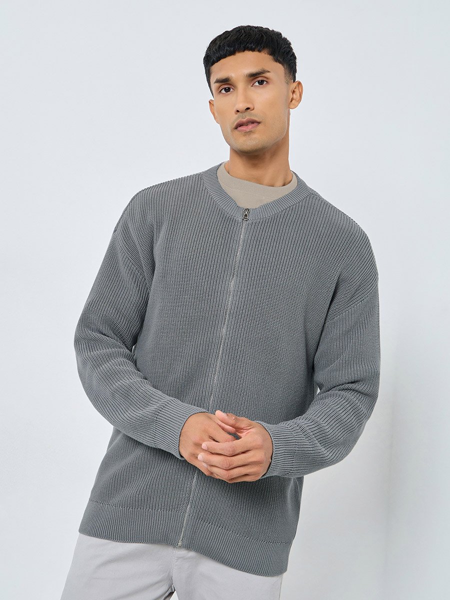 Men Grey Knitted Cardigan