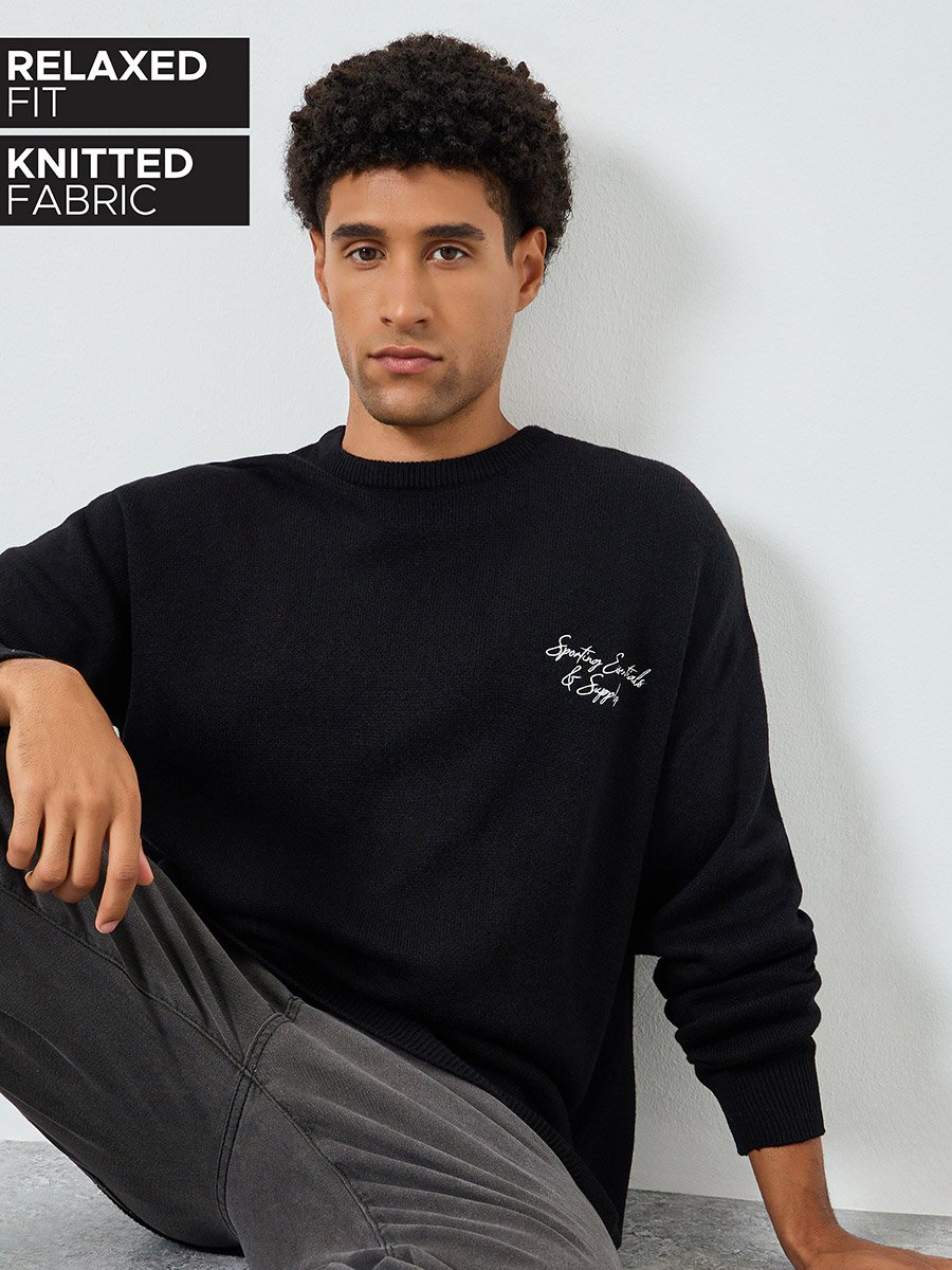 Men Black Embroidered Relaxed Sweater