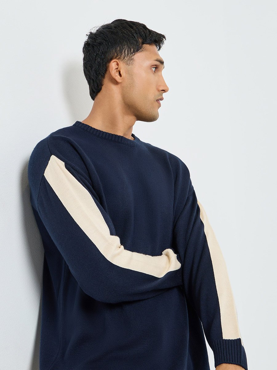 Men Navy Blue Color Block Sleeve Oversized Sweater