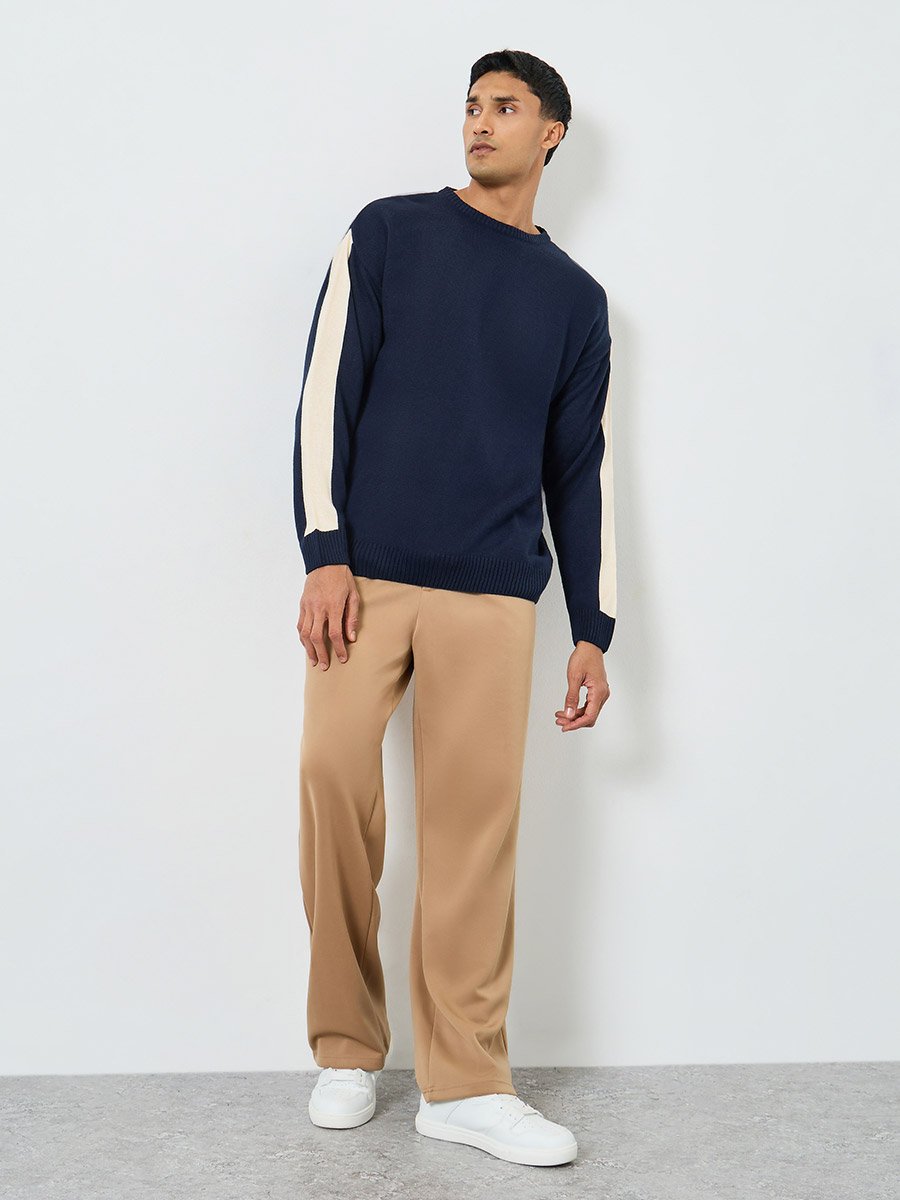 Men Navy Blue Color Block Sleeve Oversized Sweater