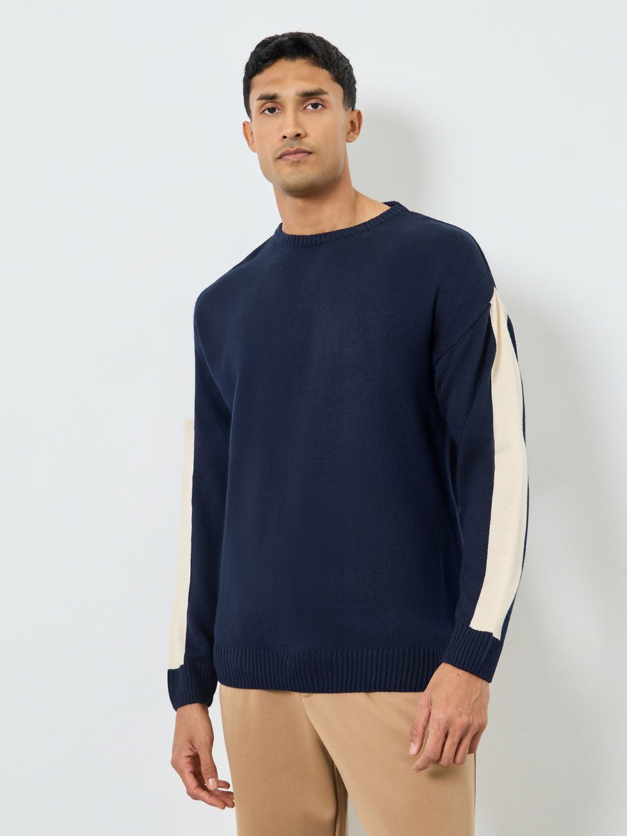Men Navy Blue Color Block Sleeve Oversized Sweater