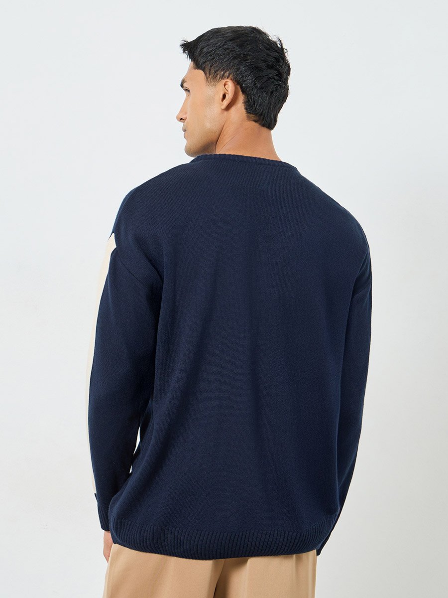 Men Navy Blue Color Block Sleeve Oversized Sweater