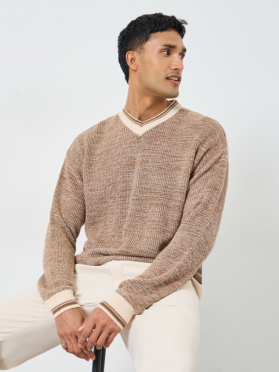 Men Cream Knit Relaxed Fit Sweater