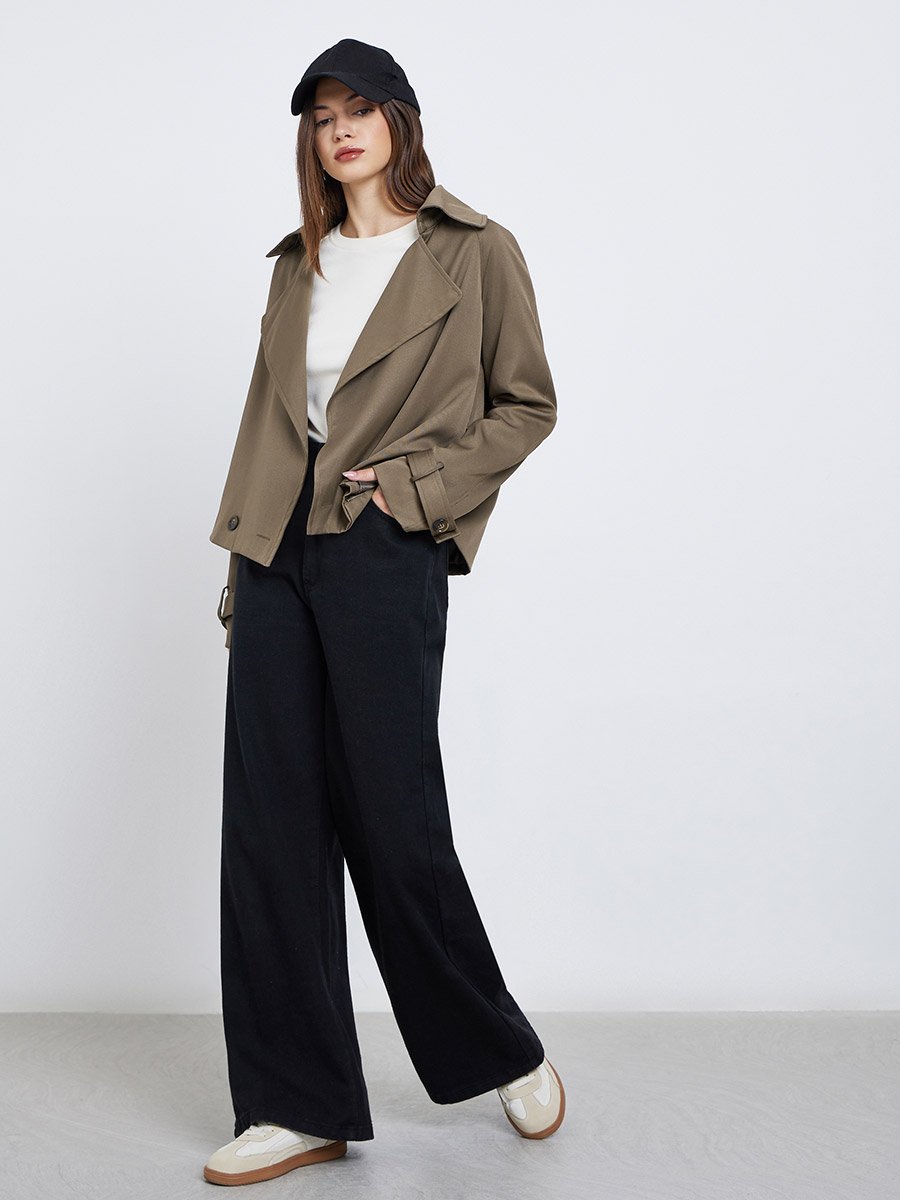 Women Brown Boxy Fit Trench Jacket
