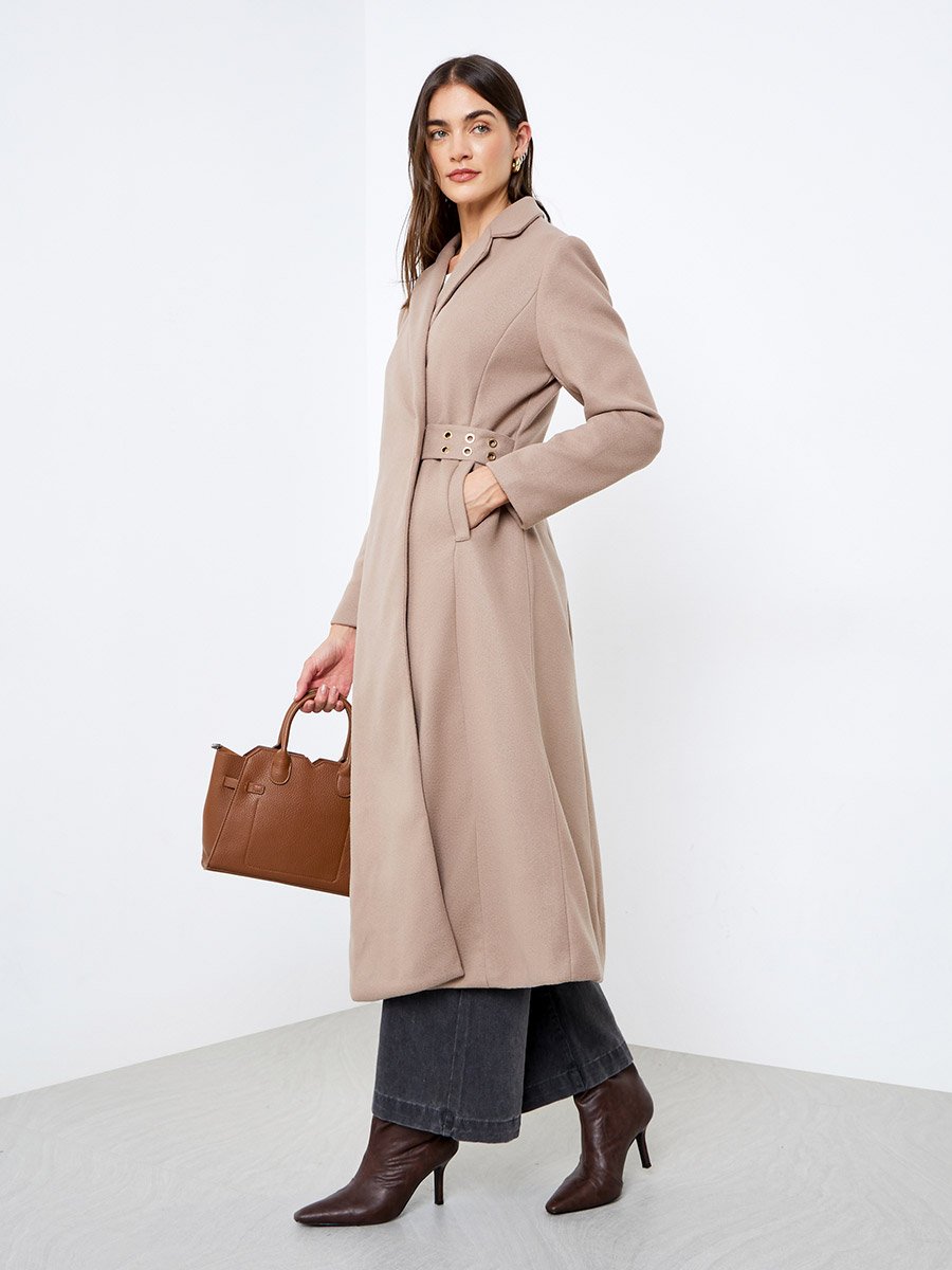 Beige Regular Fit Wool Coat with Belt