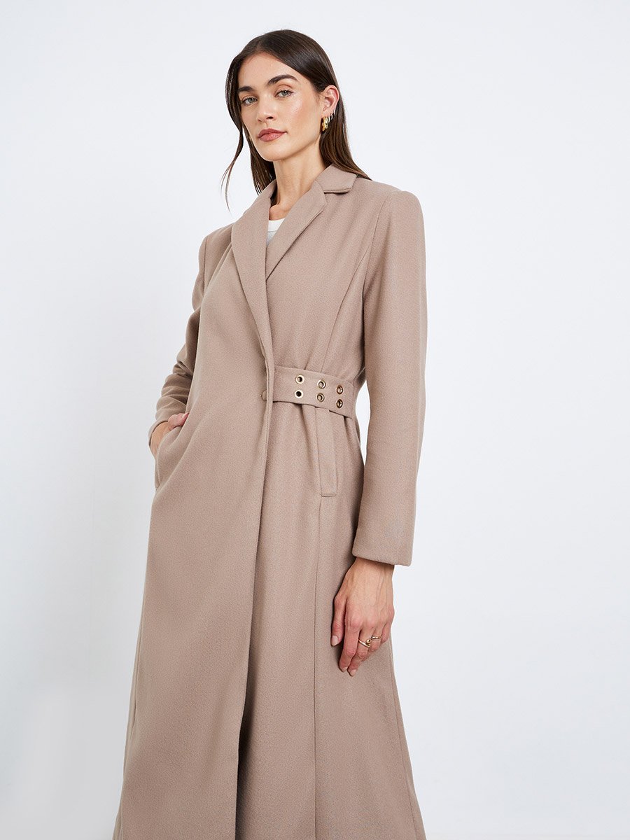Beige Regular Fit Wool Coat with Belt
