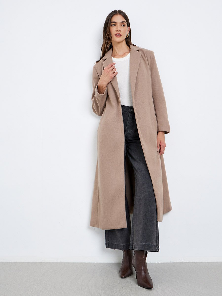 Beige Regular Fit Wool Coat with Belt