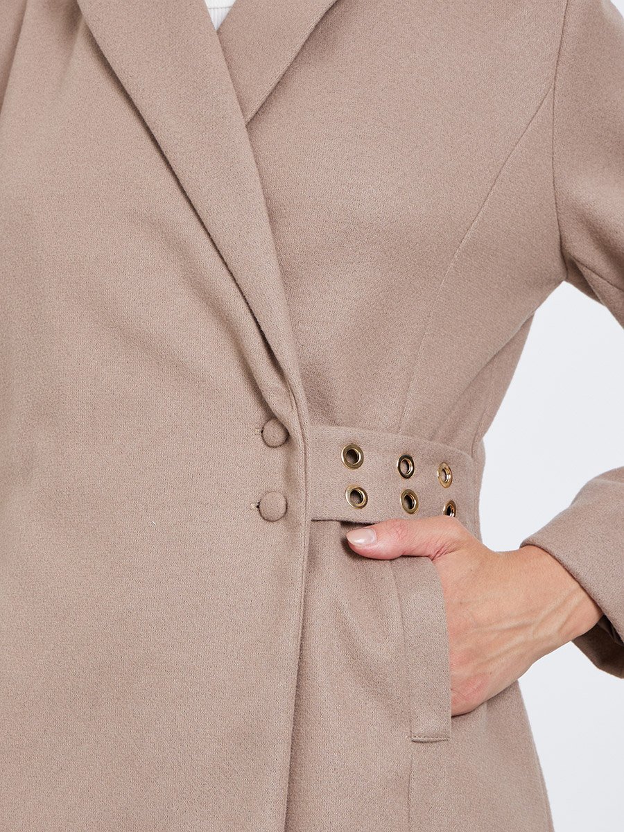 Beige Regular Fit Wool Coat with Belt