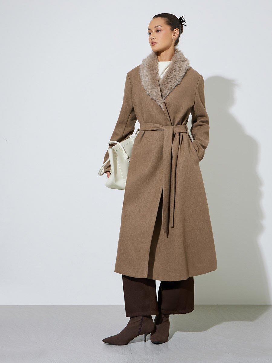 Brown Wool Like Belted Coat with Faux Fur