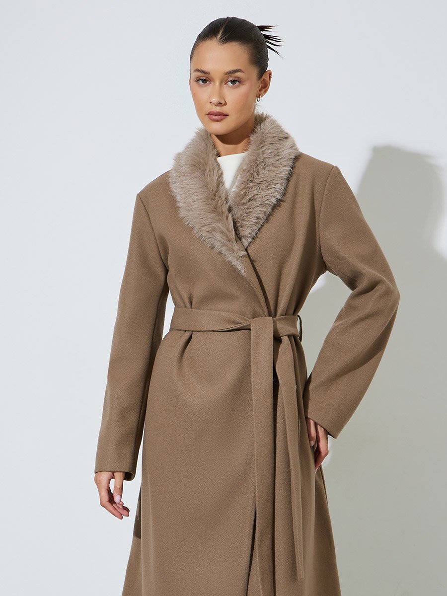 Brown Wool Like Belted Coat with Faux Fur