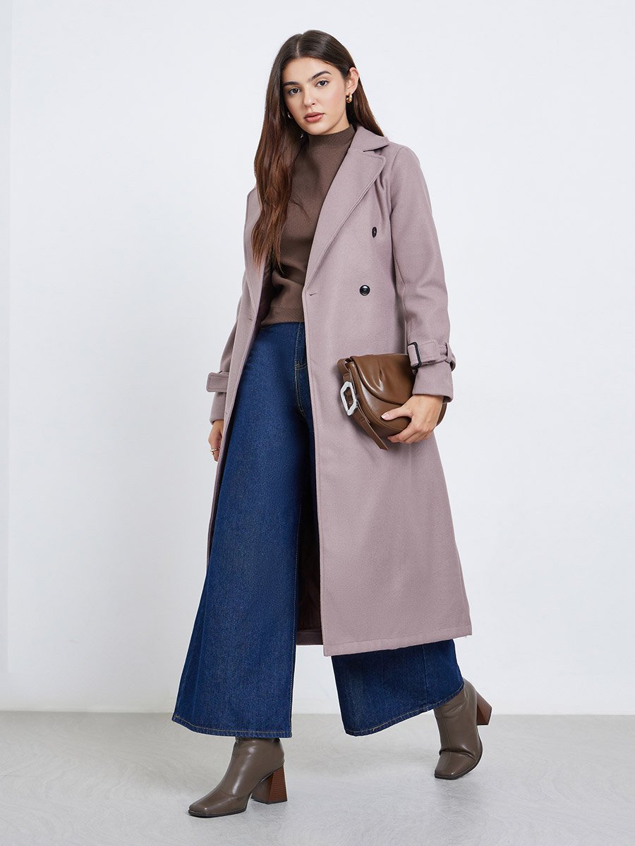 Brown Regular Fit Wool Like Belted Coat