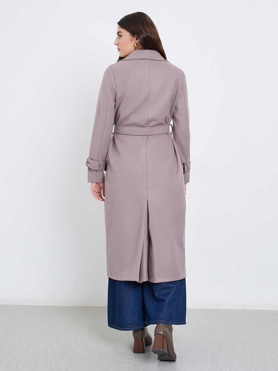 Brown Regular Fit Wool Like Belted Coat