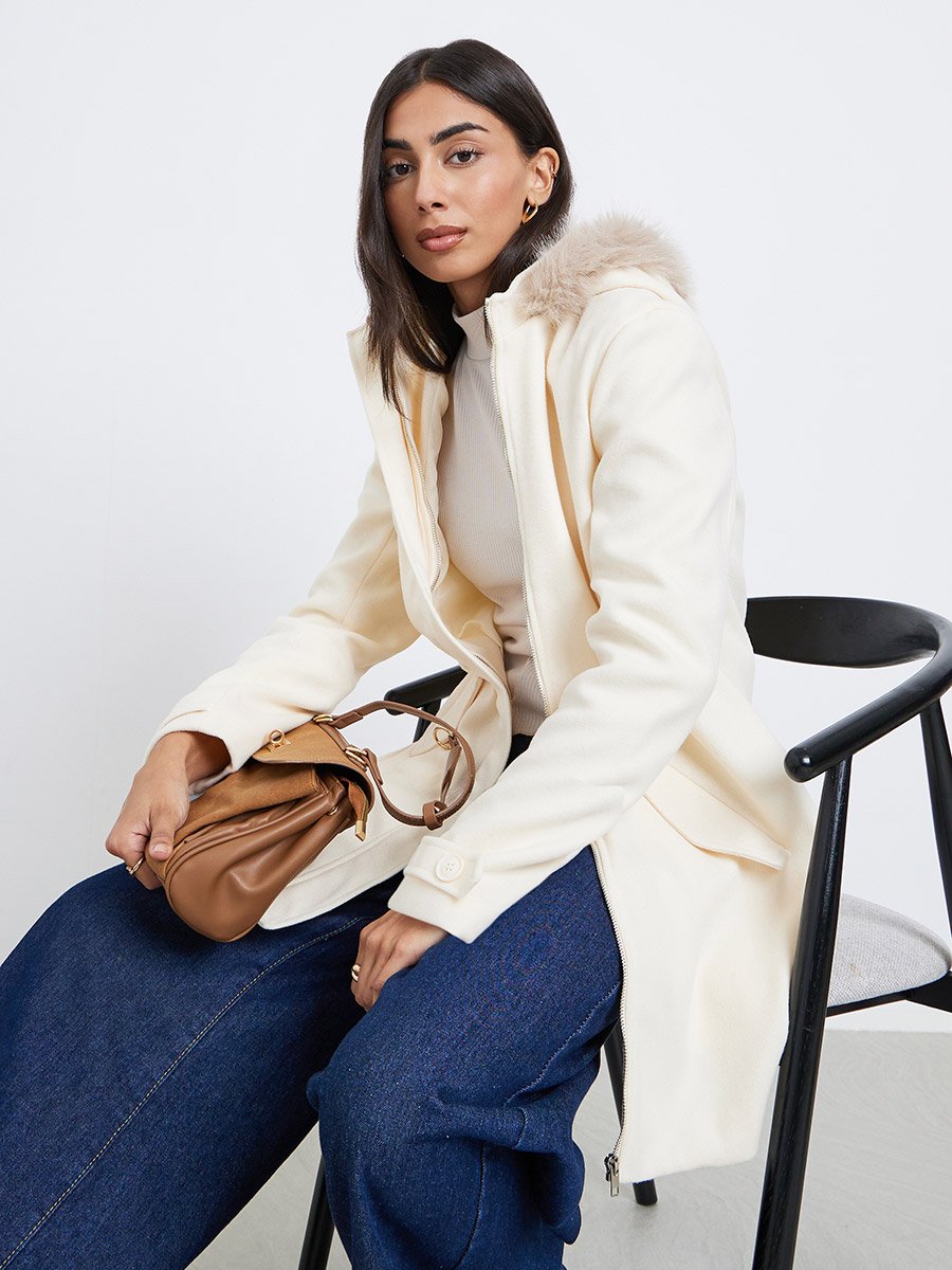 Off White Longline Wool Like Coat with Faux Fur Trim