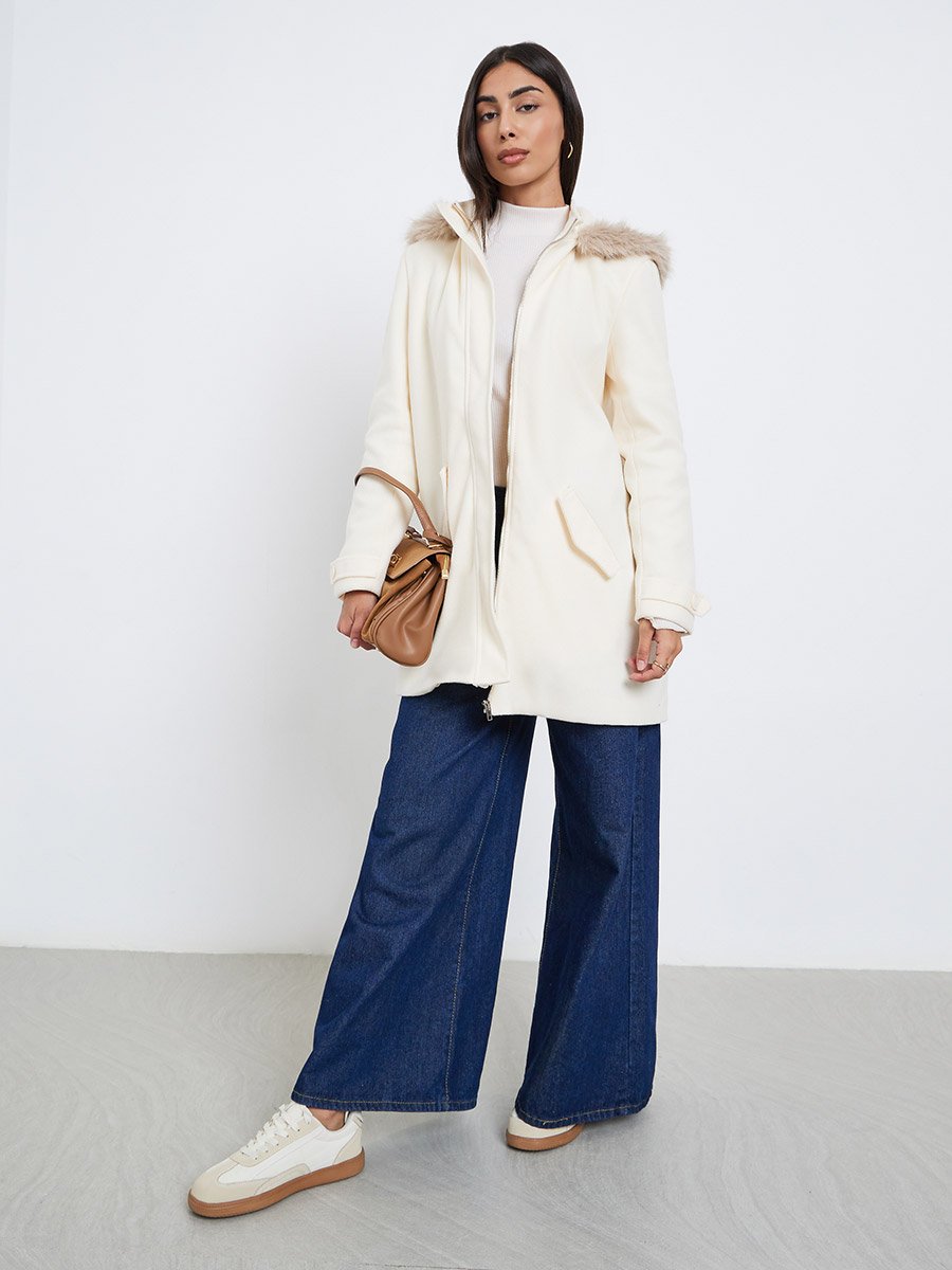 Off White Longline Wool Like Coat with Faux Fur Trim
