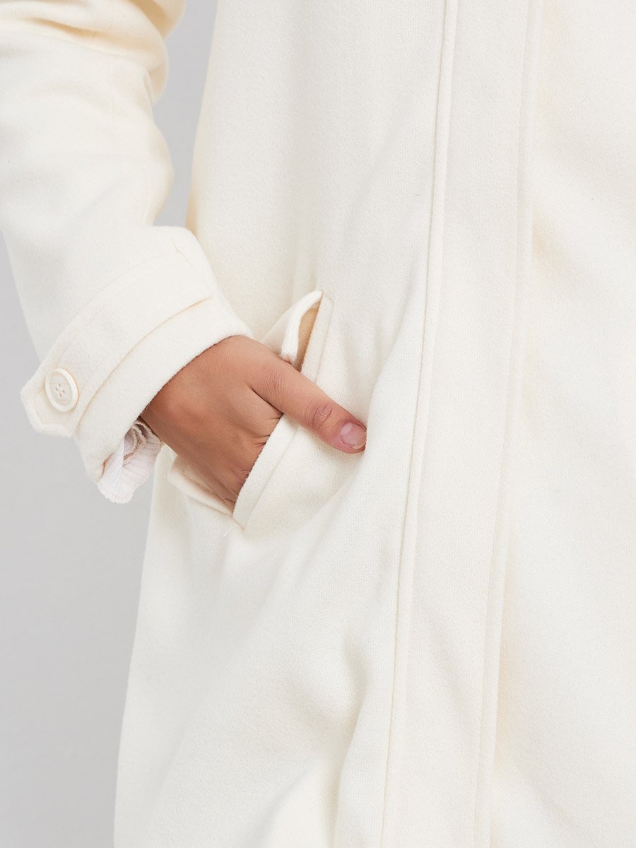 Off White Longline Wool Like Coat with Faux Fur Trim