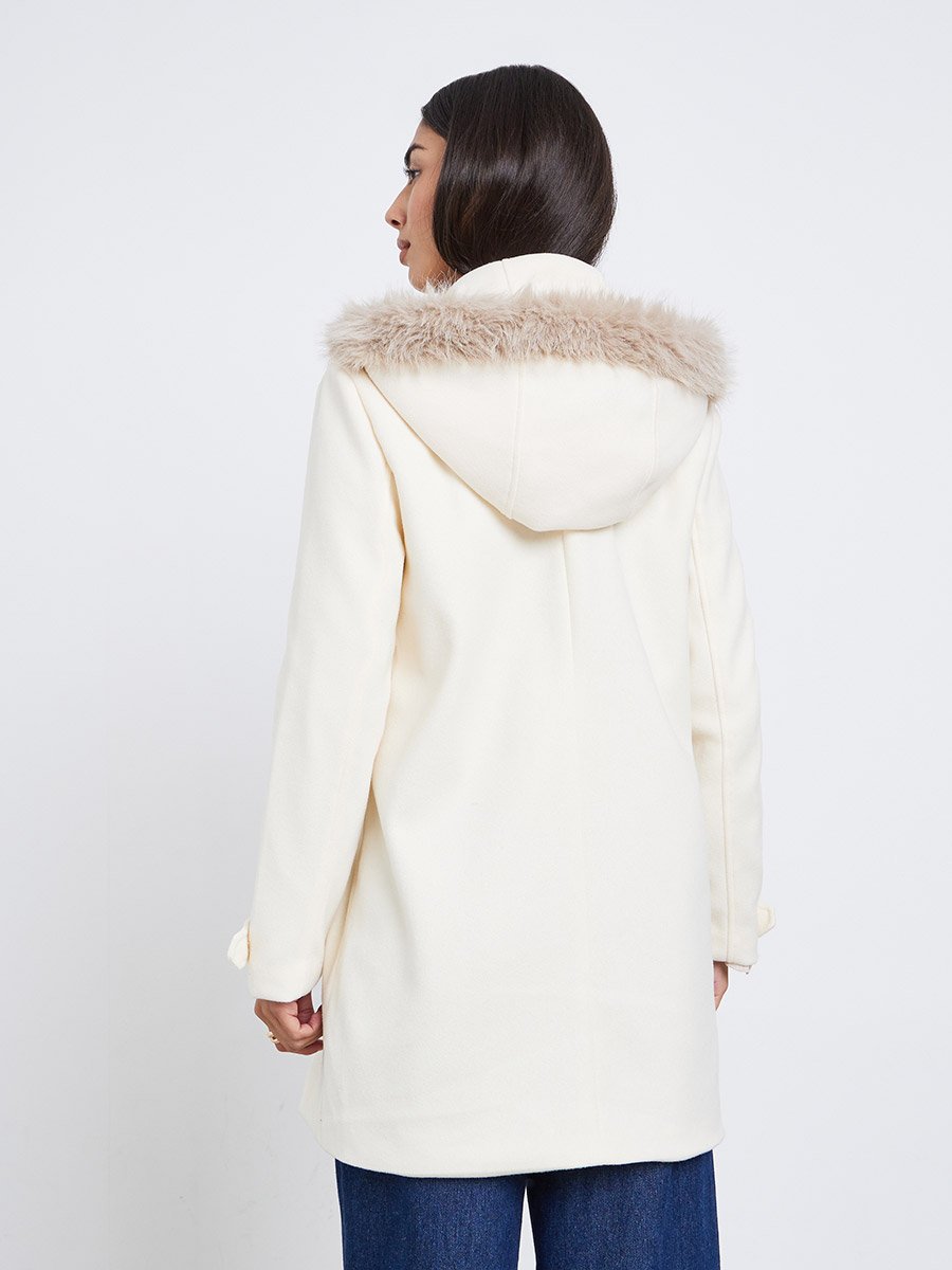 Off White Longline Wool Like Coat with Faux Fur Trim