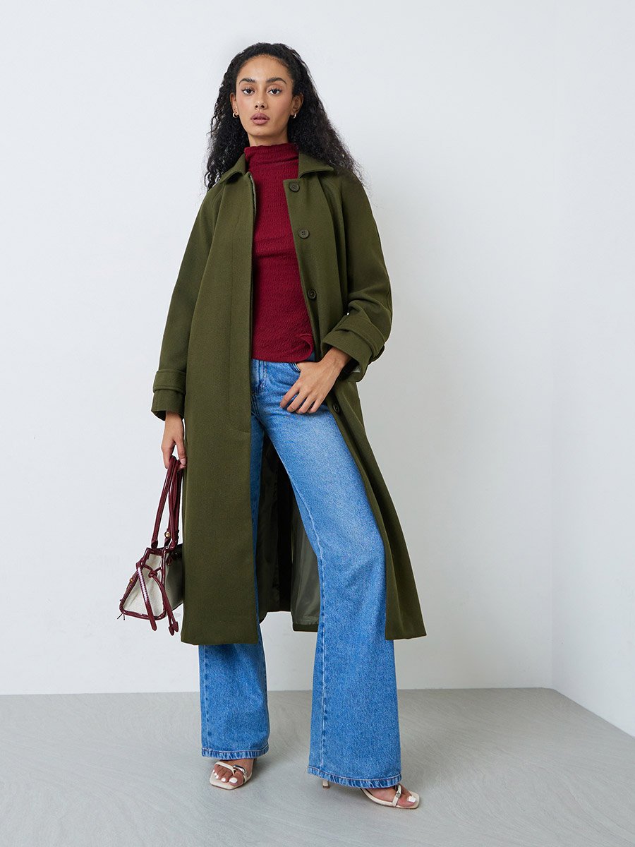 Olive Wool Look Midi Coat with Tie-Belt