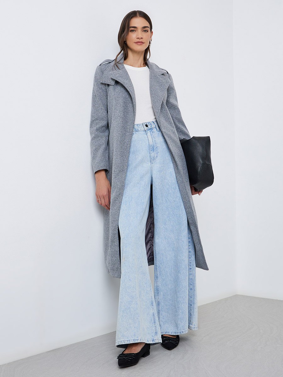 Women Grey Regular Fit Midi Coat