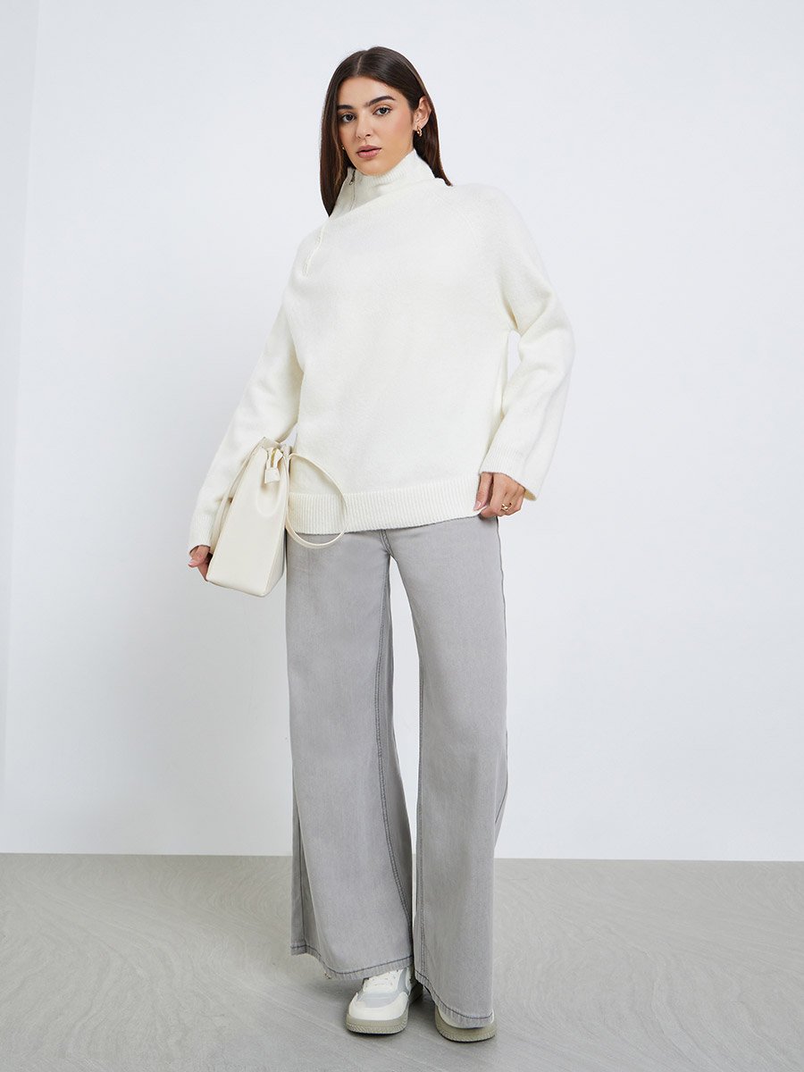 Off White Regular Fit Sweater with Zip Detail