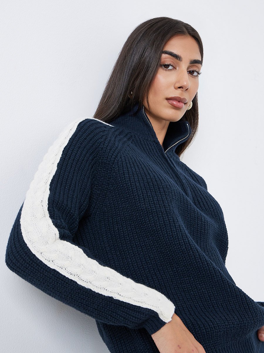 Navy Blue Half-Zip Side Stripe Sweater