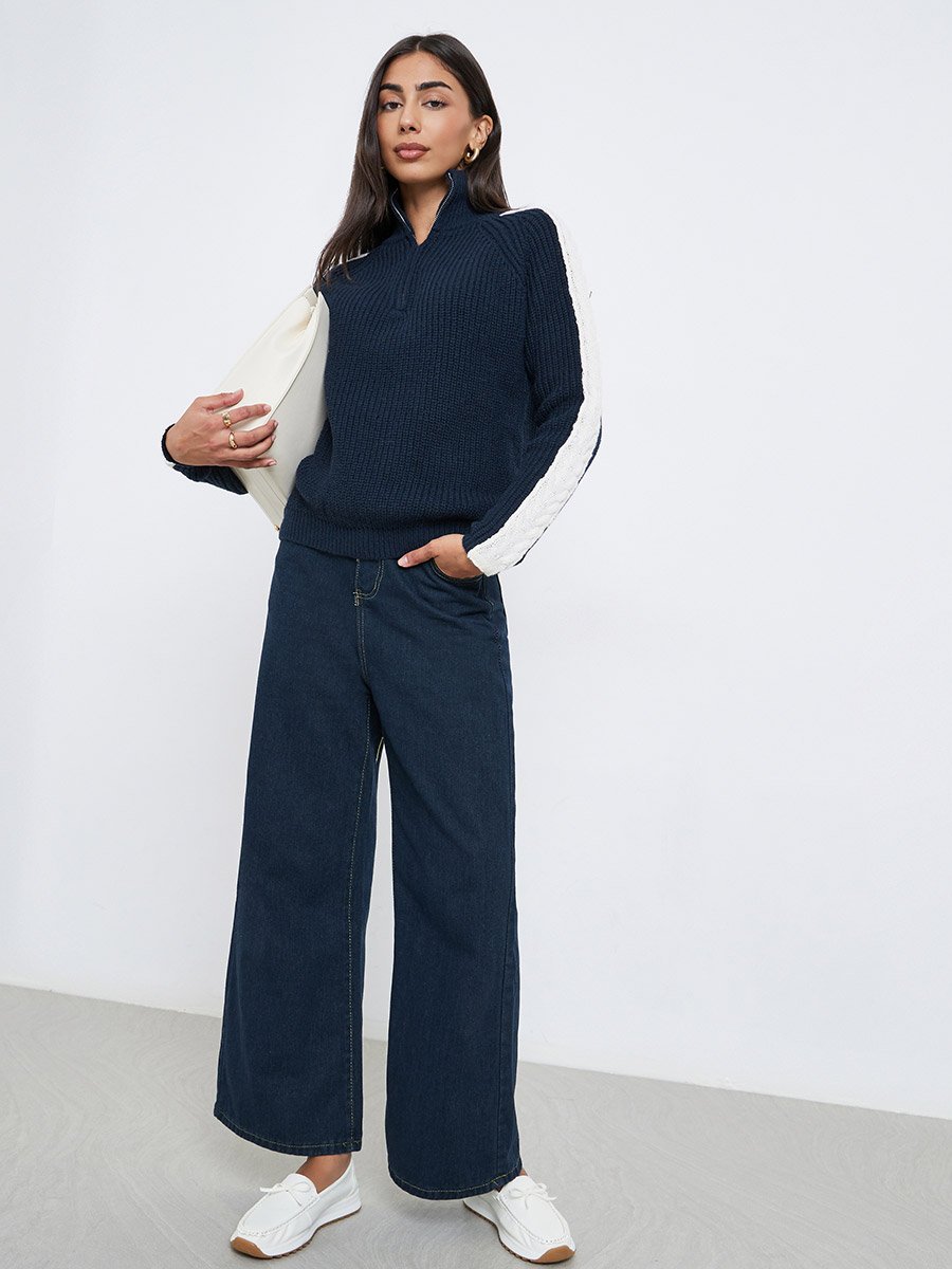 Navy Blue Half-Zip Side Stripe Sweater