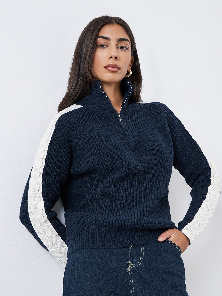 Navy Blue Half-Zip Side Stripe Sweater
