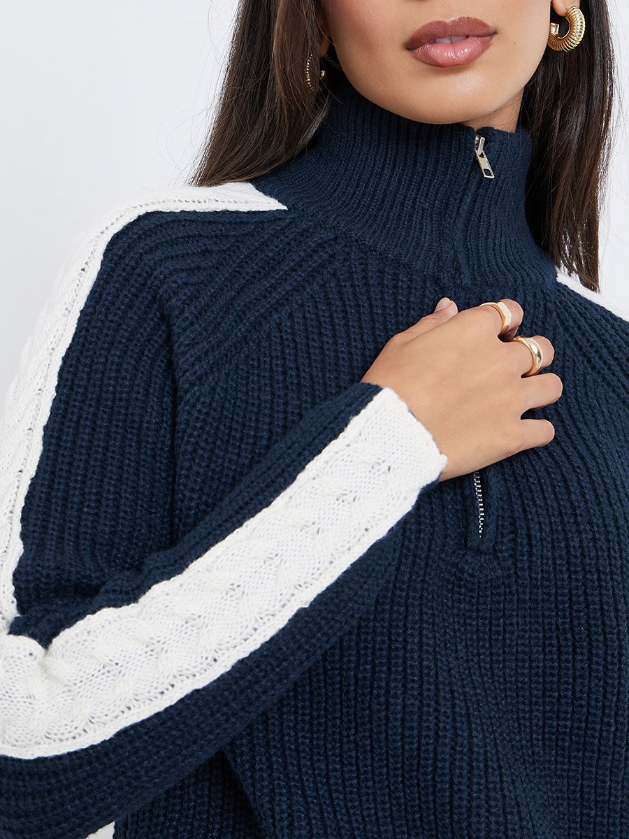 Navy Blue Half-Zip Side Stripe Sweater