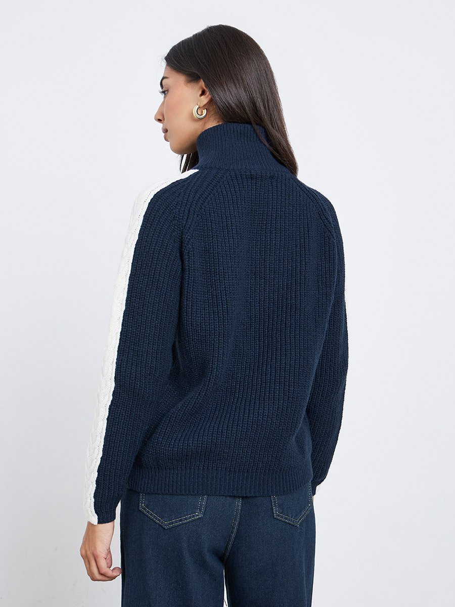 Navy Blue Half-Zip Side Stripe Sweater