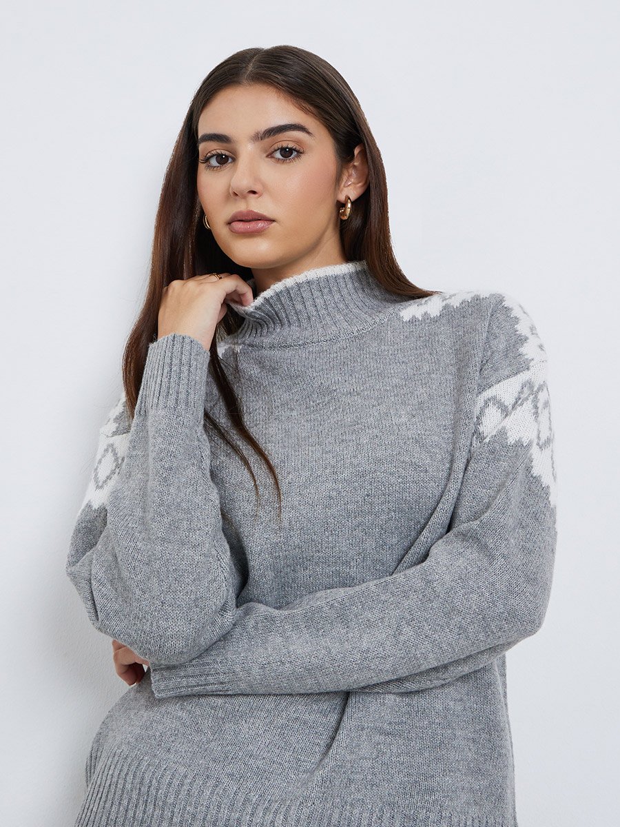 Grey Regular Fit Fair Isle Knit Sweater