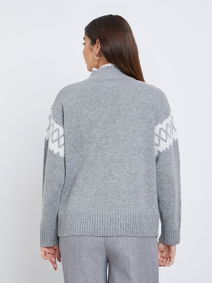 Grey Regular Fit Fair Isle Knit Sweater
