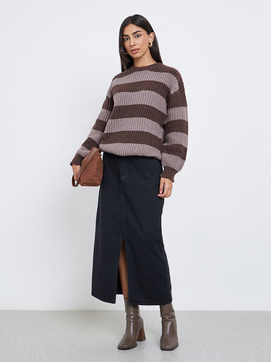 Brown Striped Oversized Sweater