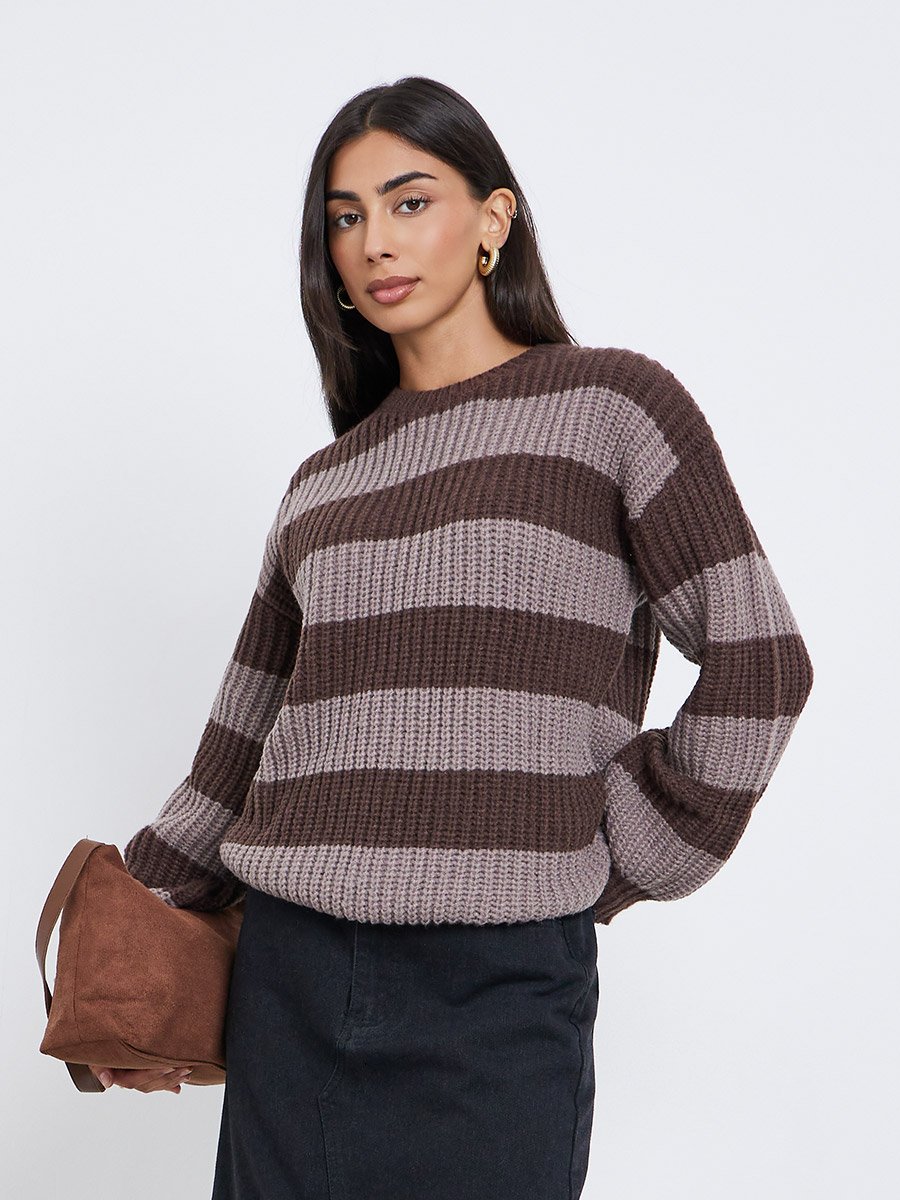 Brown Striped Oversized Sweater