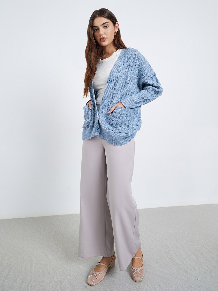 Medium Blue Oversized Cable Knit Cardigan
